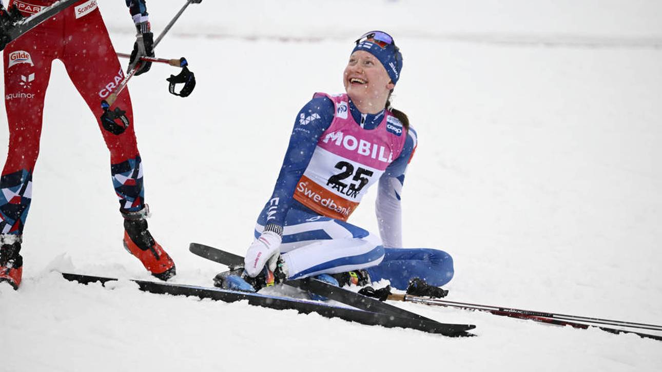 Johanna Matintalo im Ziel am 16. März 2024 mit den neu behandelten Ski