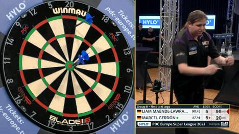 Darts-Youngster Liam Maendl-Lawrance zeigt sich bei der Europe Super League nervenstark. Im Decider gegen Marcel Gerdon checkt er 95 Punkte über das Bullseye.