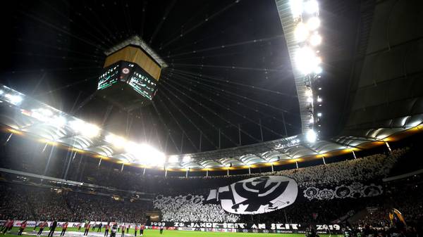 FRANKFURT AM MAIN, GERMANY - OCTOBER 24: A general view inside the stadium as fans of Eintracht Frankfurt display a tifo ahead of the UEFA Europa League group F match between Eintracht Frankfurt and Standard Liege at  on October 24, 2019 in Frankfurt am Main, Germany. (Photo by Alex Grimm/Bongarts/Getty Images)