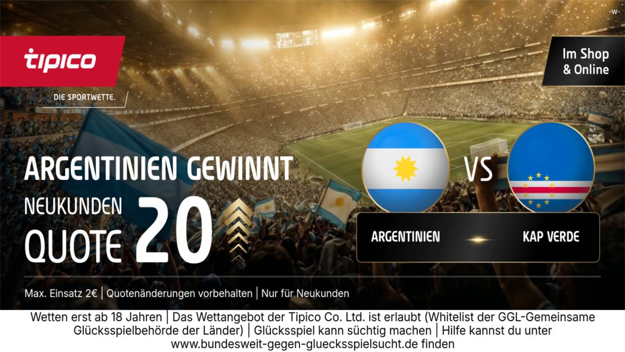 Tipico zündet den Quoten-Turbo: Mega-Quote 20,00 für Sieg Argentinien gegen Kap Verde!