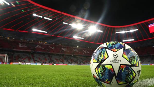 MUNICH, GERMANY - NOVEMBER 06: A detailed view of a match ball on the pitch ahead of the UEFA Champions League group B match between Bayern Muenchen and Olympiacos FC at Allianz Arena on November 06, 2019 in Munich, Germany. (Photo by Alexander Hassenstein/Bongarts/Getty Images)