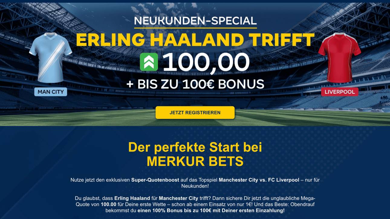 Premier League Wahnsinn: City vs. Liverpool! Quote 100,0 auf Haaland-Tor für nur 1€ Einsatz!