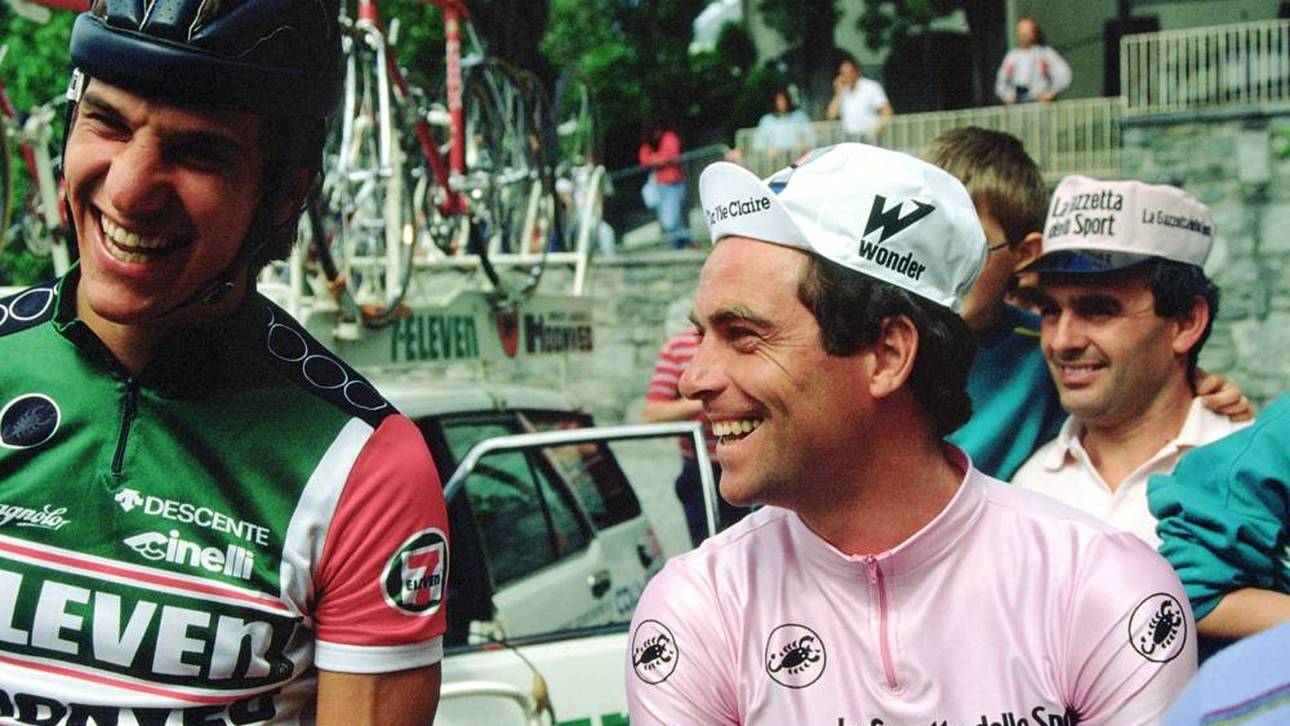 Eric Heiden (l.) bei der Giro d'Italia 1985 mit Bernard Hinault
