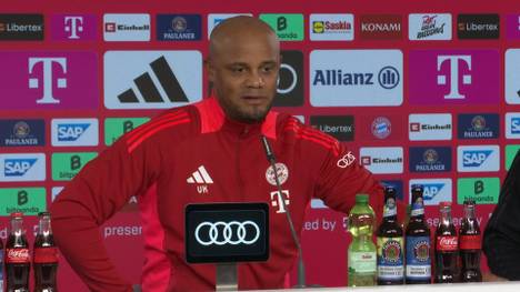 Bayern-Trainer Vincent Kompany spricht auf der Pressekonferenz über eine mögliche Vertragsverlängerung mit Leroy Sané.