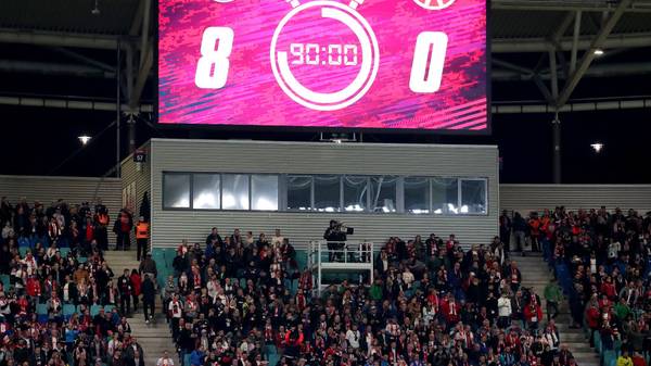 LEIPZIG, GERMANY - NOVEMBER 02: The scoreboard displays 8-0 at Full time   during the Bundesliga match between RB Leipzig and 1. FSV Mainz 05 at Red Bull Arena on November 02, 2019 in Leipzig, Germany. (Photo by Boris Streubel/Bongarts/Getty Images)