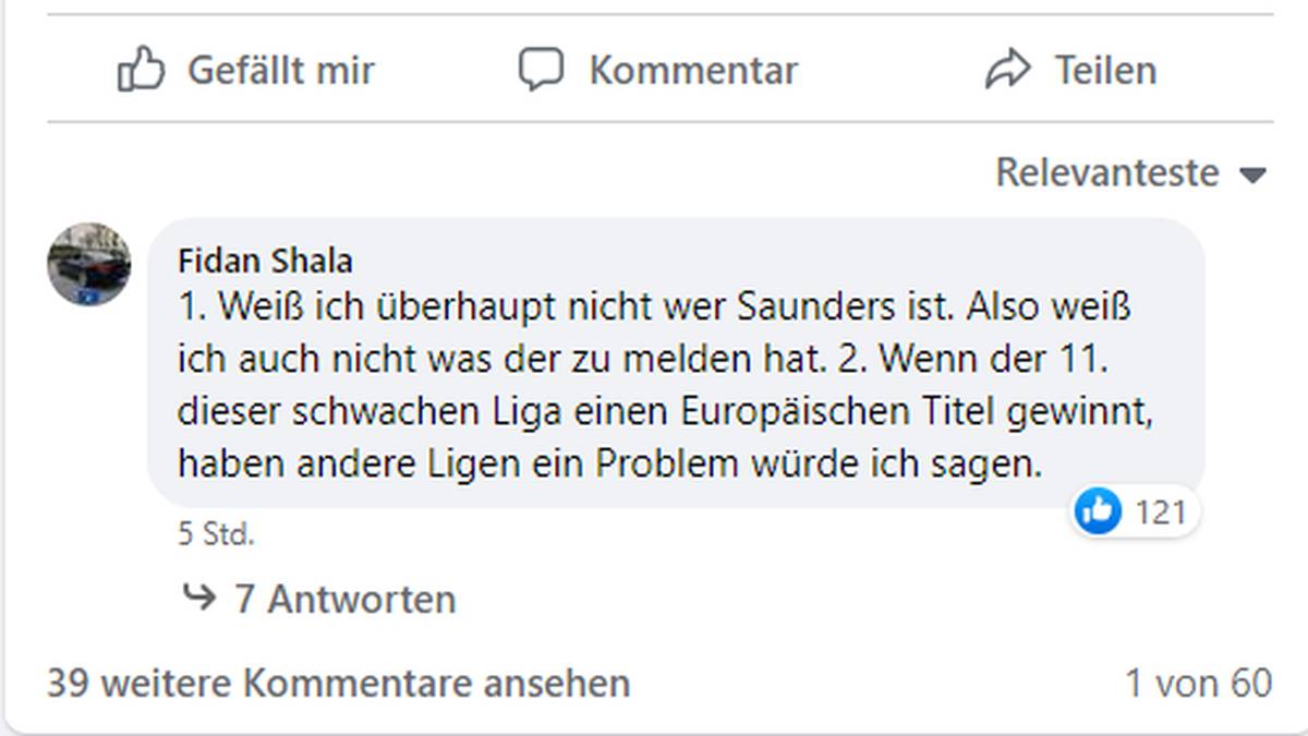 User-Kommentar bei Facebook zu den Saunders-Aussagen