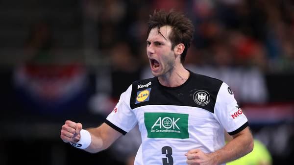 HANOVER, GERMANY - OCTOBER 26: Uwe Gensheimer of Germany jubilates after scoring during the friendly match as part of the 'Tag des Handballs' between Germany and Croatia at TUI Arena on October 26, 2019 in Hanover, Germany. (Photo by Ronny Hartmann/Bongarts/Getty Images)
