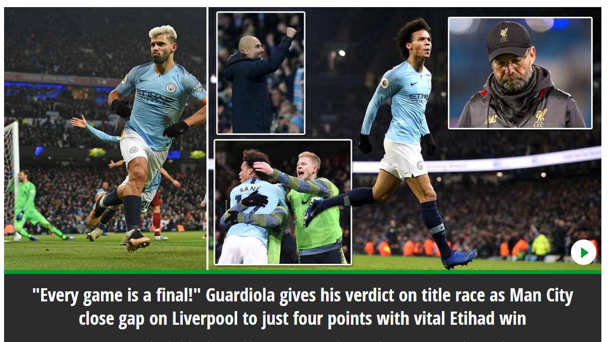 THE MIRROR - "'Jedes Spiel ist ein Endspiel!' Guardiola fällt sein Urteil über das Titelrennen. Leroy Sane landet den entscheidenden Schlag während City den bedeutenden Sieg über den Rivalen sicherstellt"