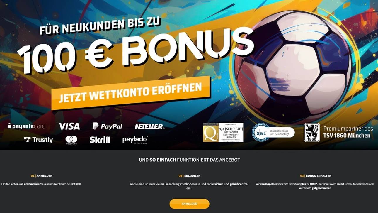 Bei 0% Wettgebühr dürfen sich User bei Bet3000 über einen 100€ Bonus freuen.