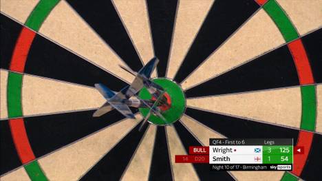 Peter Wright steht in der Tabelle der Premier League of Darts auf den letzten Platz. Heute hat er im Viertelfinale gegen Weltmeister Michael Smith richtig abgeliefert.