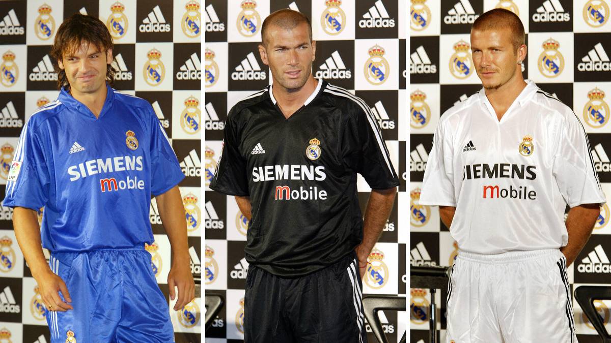 Fernando Morientes, Zinedine Zidane und David Beckham (v.l.) präsentierten 2004 in Tokio die Trikots für die nächste Saison. Weiß als Heimtrikot blieb erhalten. Das blaue und schwarze Trikot wurde je nach Wettbewerb verwendet