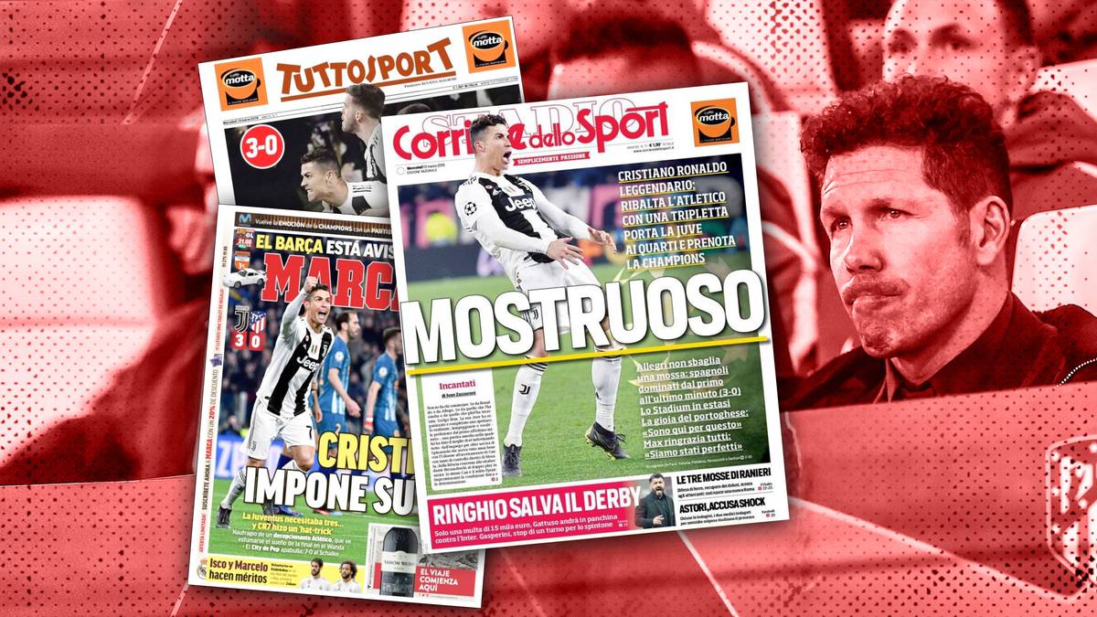 Nach der erfolgreichen Aufholjagd gegen Atletico Madrid feiern nicht nur die italienischen Medien den Turiner Hattrick-Helden Cristiano Ronaldo. SPORT1 zeigt internationale Pressestimmen zur CR7-Show im Achtelfinal-Rückspiel der Champions League