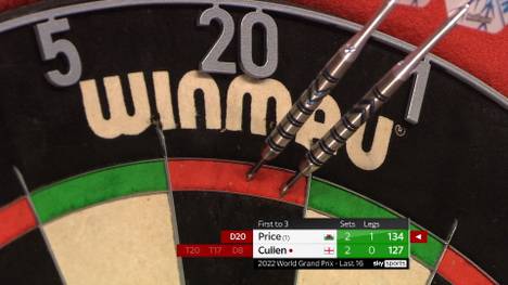 Gerwyn Price hat anfangs große Probleme gegen den stark aufspielenden Joe Cullen. Nach dem 1:2-Rückstand spielt der "Iceman" groß auf und schafft die Wende in der Partie.