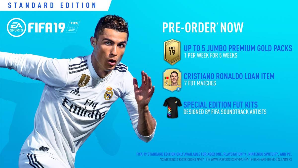 Natürlich gibt es FIFA 19 auch in verschiedenen Ausführungen mit unterschiedlichen Boni. Für die Standard-Version gibt es neben Spiel noch Gold-Packs und einen Leih-Ronaldo (dann sicherlich im Dress von Juventus) für den FUT-Modus. Der Preis wird zum Start wohl bei 69,99 Euro für die Konsolen liegen, auf PC und Nintendo Switch ist es zehn Euro günstiger