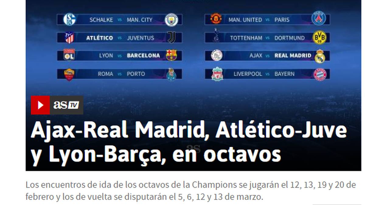 As: "Atletico erwischt zweifellos das schwierigste Los der spanischen Vertreter. Juventus ist derzeit einer der härtesten zu knabbernden Knochen Europas. Mit Cristiano ist ein Sprung von unbestreitbarer Qualität gelungen. Er dominiert weiterhin mit Leichtigkeit den italienischen Fußball."