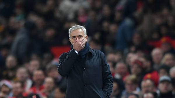 MANCHESTER, ENGLAND - DECEMBER 04: Jose Mourinho, Manager of Tottenham Hotspur reacts in the dying seconds of the Premier League match between Manchester United and Tottenham Hotspur at Old Trafford on December 04, 2019 in Manchester, United Kingdom. (Photo by Stu Forster/Getty Images)