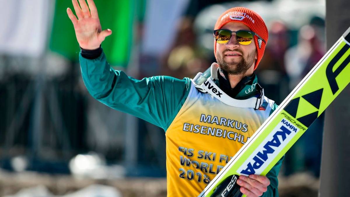 Germany's Markus Eisenbichler celebrates after placing second in the FIS Ski Flying World Cup classification in Planica, on March 24, 2019. (Photo by Jure Makovec / AFP)        (Photo credit should read JURE MAKOVEC/AFP via Getty Images)