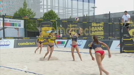 Sandra Ittlinger will ihren Gegner mit Trickspielzügen überlisten. Doch Hüberli/Schneider kontern effektiv.