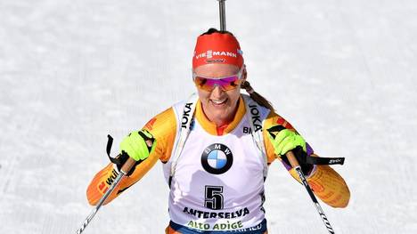 Germany's Denise Herrmann reacts after placing second of the IBU Biathlon World Cup 10 km Women's pursuit in Rasen-Antholz (Rasun Anterselva), Italian Alps, on February 16, 2020. (Photo by Tiziana FABI / AFP) (Photo by TIZIANA FABI/AFP via Getty Images)