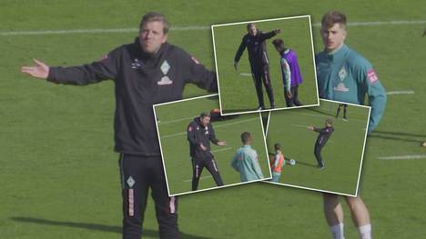 Bremens Trainer Florian Kohfeldt ist ganz und gar nicht zufrieden mit seinen Spielern. Beim Training macht er der Mannschaft deshalb lautstarke Ansagen.