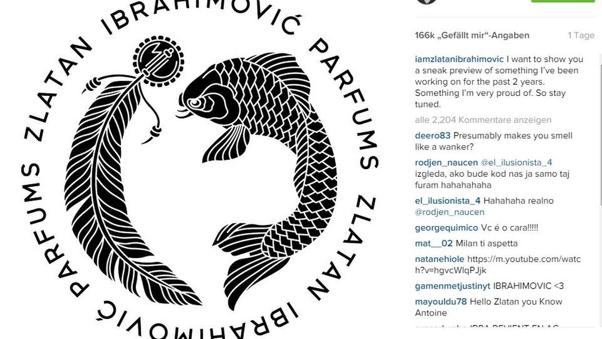 Eine Feder und ein Fisch ergeben einen Kreis - das Logo von Ibrahimovics Parfüm