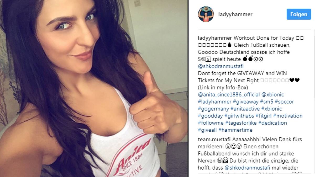 Dass sie nicht nur Augen für den eigenen Sport hat, zeigt sie regelmäßig auf Instagram. Nicht nur der deutschen Nationalmannschaft um Shkodran Mustafi - mit dem Innenverteidiger ist sie seit ihrer Teenagerzeit befreundet - drückt sie die Daumen