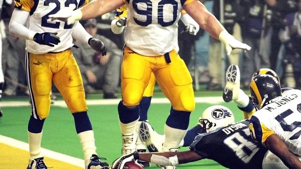 St. Louis Rams defensive player Jeff Zgonina (90)