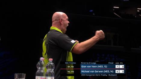 Michael van Gerwen gewinnt die Hungarian Darts Trophy im Decider gegen Gian van Veen mit 8:7 und checkt im entscheidenden Leg die 110 zum Titel.