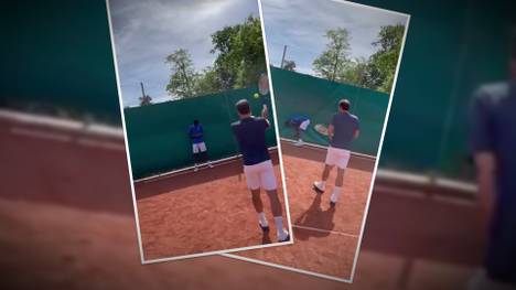 Roger Federer trifft seinen Kumpel Gaël Monfils bei einer Challenge nach dem Training einer sehr schmerzhaften Stelle.