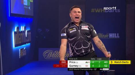 Gerwyn Price gibt gegen Daryl Gurney eine 2:0-Satzführung aus der Hand. Im entscheidenden Leg behält der Waliser aber die Nerven.
