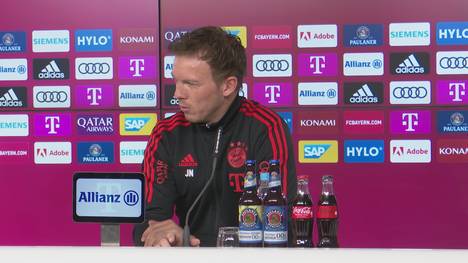 Bayern-Trainer Julian Nagelsmann spricht auf der Pressekonferenz über die Auslosung der UEFA Champions League und Gegner Manchester City. 