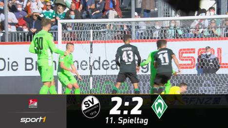 Punkteteilung bei Sandhausen gegen Werder Bremen. Erst rettet Füllkrug mit seinem Treffer zum 2:2 Werder einen Punkt, bevor er dann beim möglichen Siegtreffer am Pfosten scheitert.