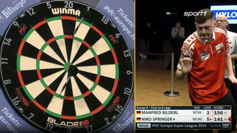 Niko Springer wirft bei der PDC Europe Super League gegen Manfred Bilderl einen Neun-Darter zum Match - inklusive Kuriosum beim letzten Pfeil.