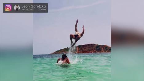 Leon Goretzka entspannt in seinem Urlaub nach der langen Saison. Auf Instagram zeigt er seinen Fans jetzt ein Video, bei dem er sich ins Meer werfen lässt. 