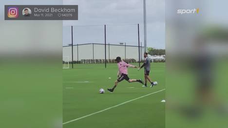 Im Training seines Klubs Inter Miami versucht David Beckham bewusst, die Latte zu treffen. Der einstige Freistoß-Gott liefert.