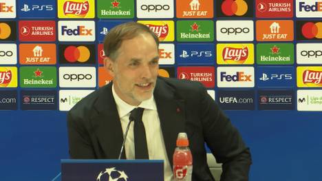 Thomas Tuchel stellt sich auf der Pressekonferenz vor dem CL-Halbfinal-Rückspiel gegen Real Madrid den Fragen der Journalisten - und scherzt über seinen Star-Stürmer. 