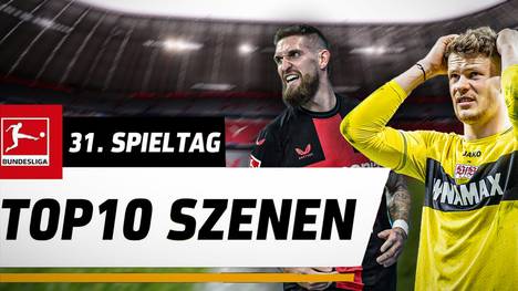 Die Ungeschlagen-Serie von Bayer Leverkusen geht weiter: Gegen den VfB schlug die Werkself wieder in der Nachspielzeit zu, während Stuttgart mit dem Schiedsrichter hadert. Wolfsburg dreht mit zwei Traumtoren das Spiel in Freiburg und Borussia Dortmund kriegt in Leipzig die Hosen voll. Das sind die Top 10 Szenen des 31. Spieltags.