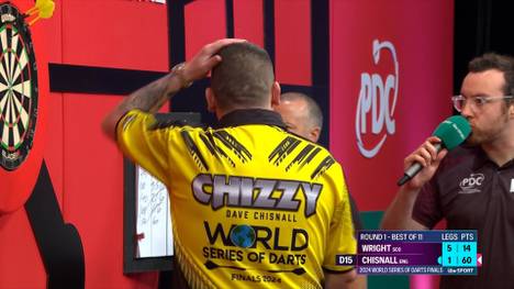 Dave Chisnall verliert in der ersten Runde der Darts World Series deutlich gegen Peter Wright mit 6:1 und verrechnet sich im letzten Leg bei den Check-Darts. In der folgenden Aufnahme checkt Wright zum Match.